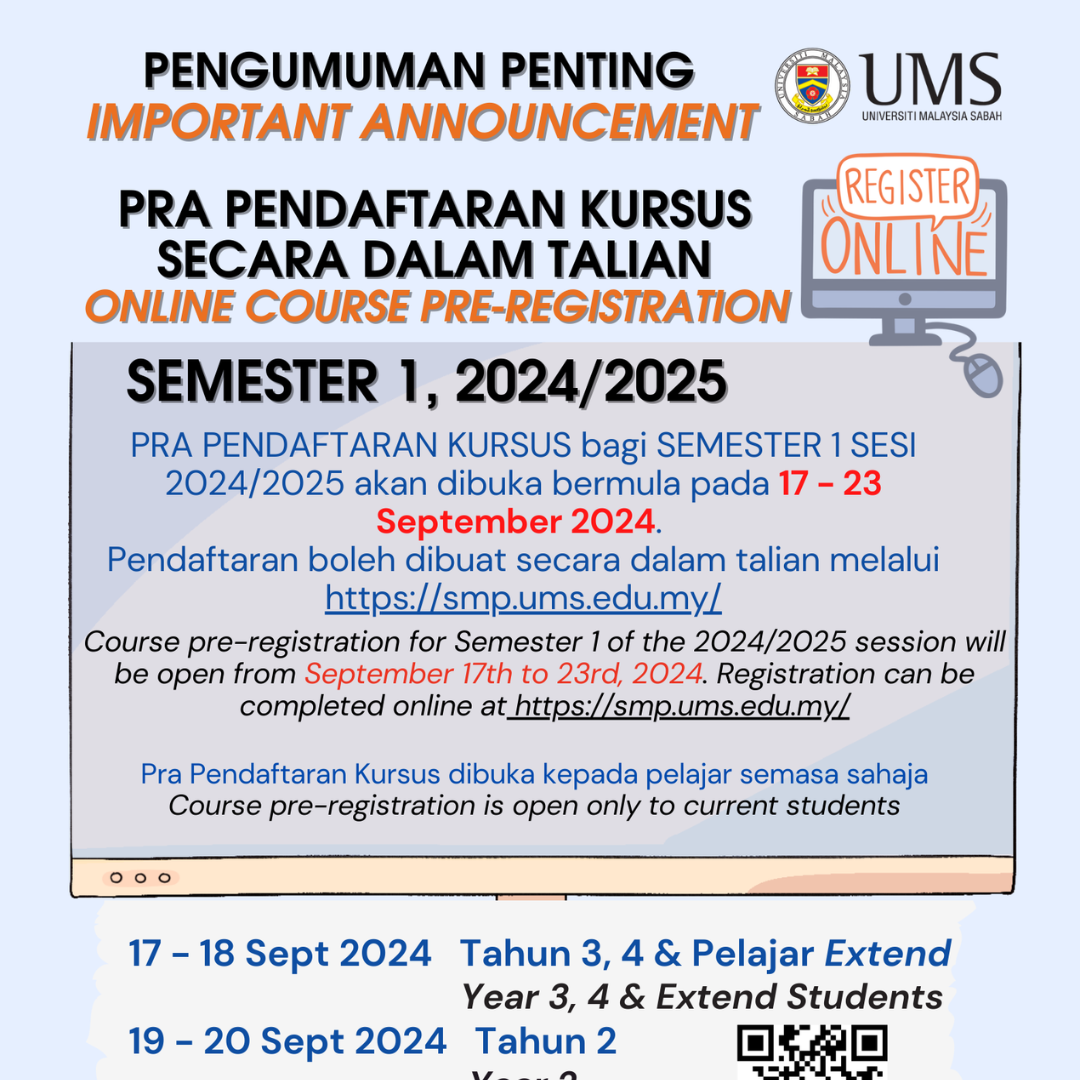 PRA PENDAFTARAN KURSUS SECARA DALAM TALIAN BAGI SEMESTER 1-2024/2025 / 𝘖𝘕𝘓𝘐𝘕𝘌 𝘊𝘖𝘜𝘙𝘚𝘌 𝘗𝘙𝘌-𝘙𝘌𝘎𝘐𝘚𝘛𝘙𝘈𝘛𝘐𝘖𝘕 𝘍𝘖𝘙 𝘚𝘌𝘔 1-2024/2025